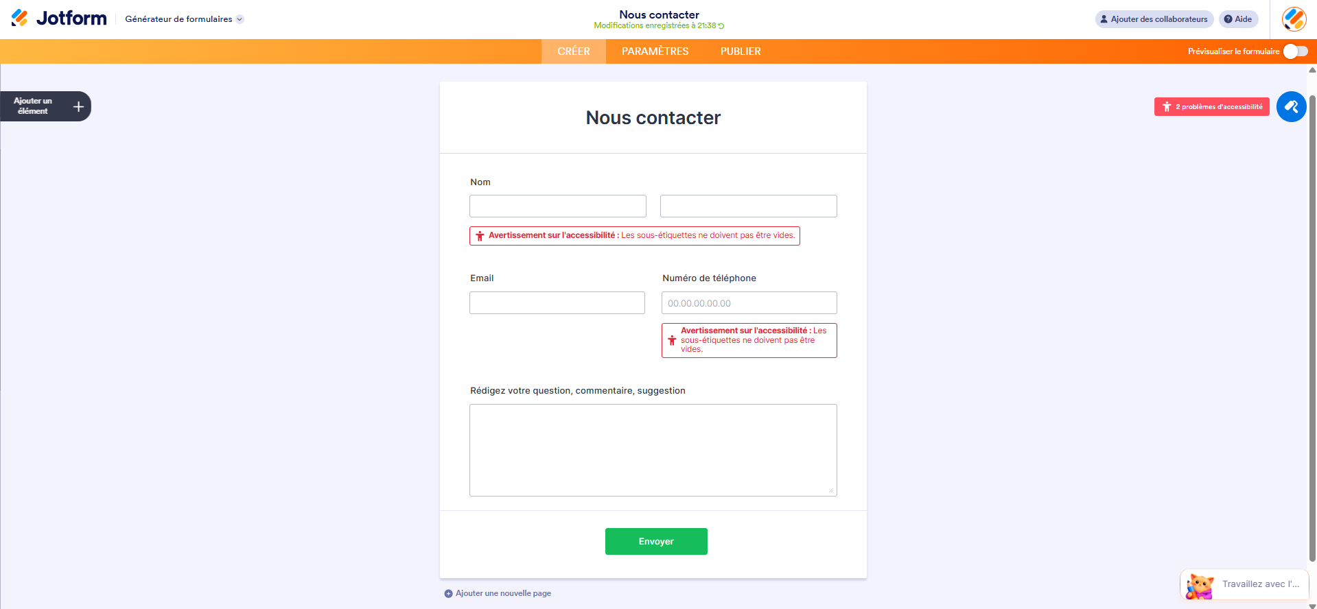 Capture d'écran d'un formulaire avec un message d'avertissement d'accessibilité concernant l'absence de sous-étiquettes de champ