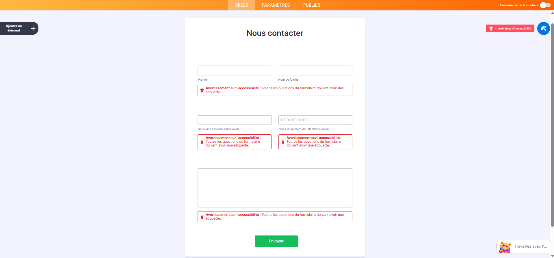 Capture d'écran d'un formulaire avec un message d'avertissement d'accessibilité concernant l'absence d'étiquettes de champs