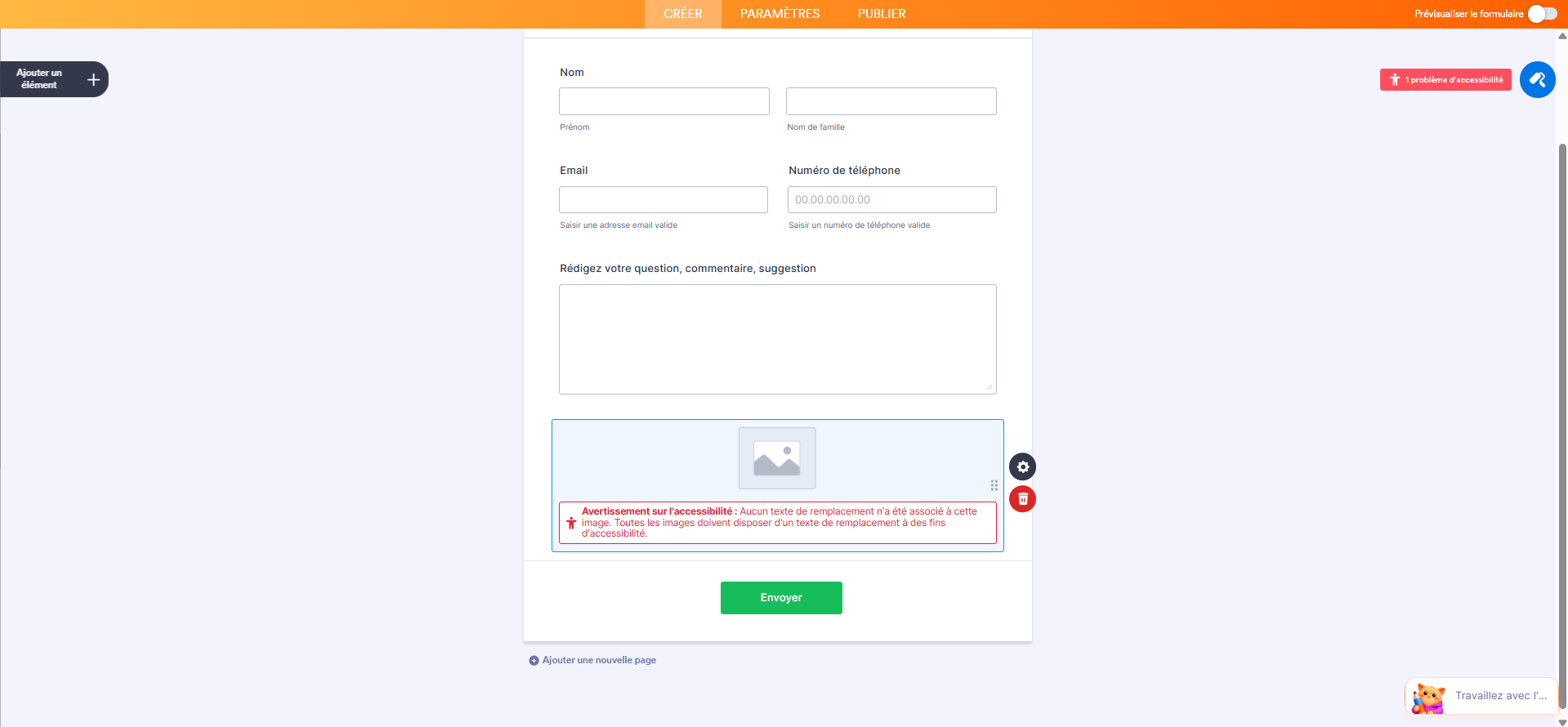 Capture d'écran d'un formulaire avec un message d'avertissement d'accessibilité indiquant qu'une image ne possède pas de texte alternatif