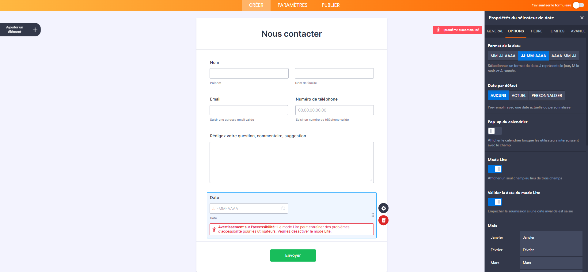 Capture d'écran d'un formulaire avec un message d'avertissement d'accessibilité indiquant que le mode Lite est activé sur le sélecteur de date