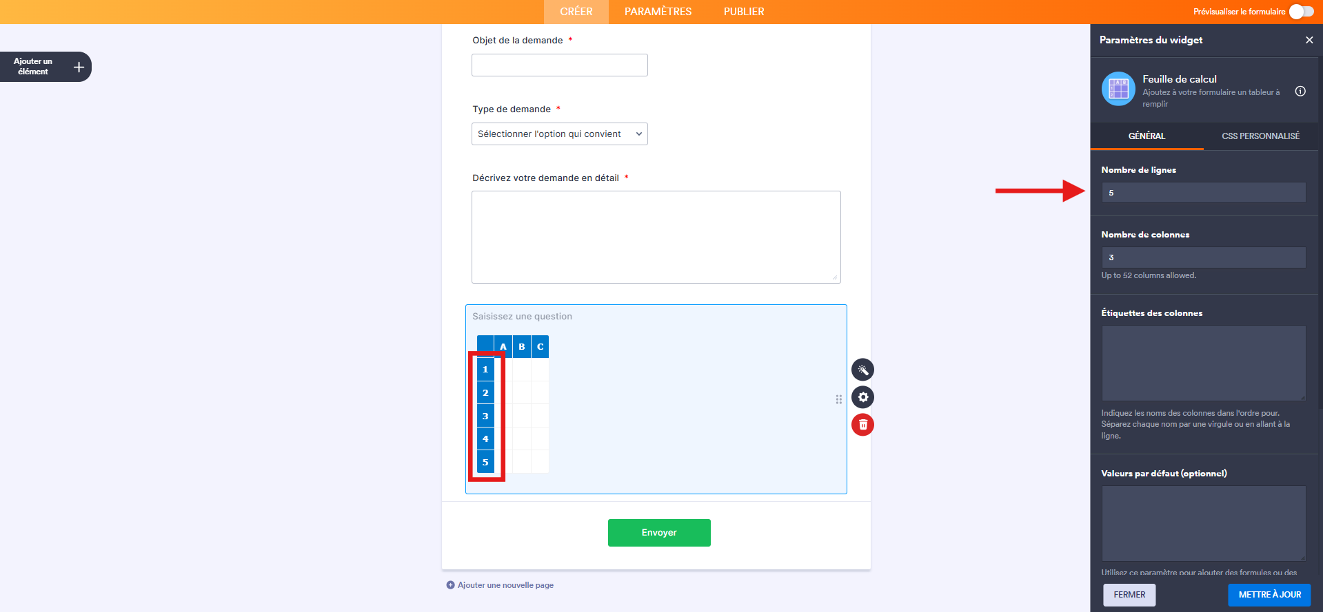 Capture d'écran d'un formulaire dans le Générateur de formulaires Jotform avec une flèche pointant vers Nombre de lignes dans l'onglet Général du volet Paramètres du widget et un encadré autour des 5 lignes de l'élément widget Feuille de calcul