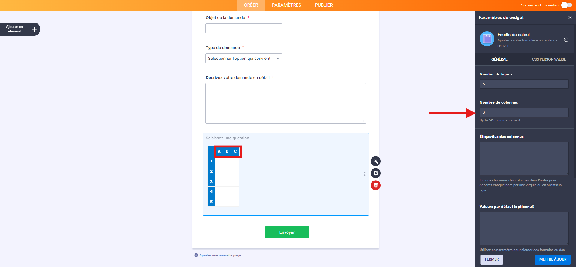 Capture d'écran d'un formulaire dans le Générateur de formulaires Jotform avec une flèche pointant vers Nombre de colonnes dans l'onglet Général du volet Paramètres du widget et un encadré autour des 3 colonnes de l'élément widget Feuille de calcul 