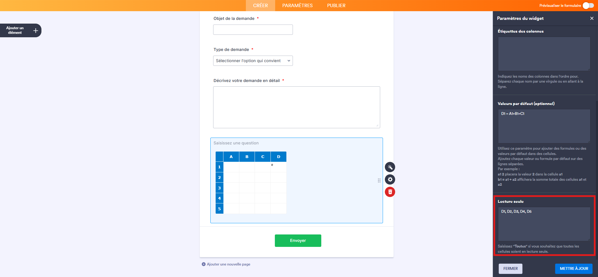 Capture d'écran d'un formulaire dans le Générateur de formulaires Jotform avec un encadré autour du paramètre Lecture seule avec les valeurs D1, D2, D3, D4, D5 dans l'onglet Général du volet Paramètres du widget de l'élément widget Feuille de calcul