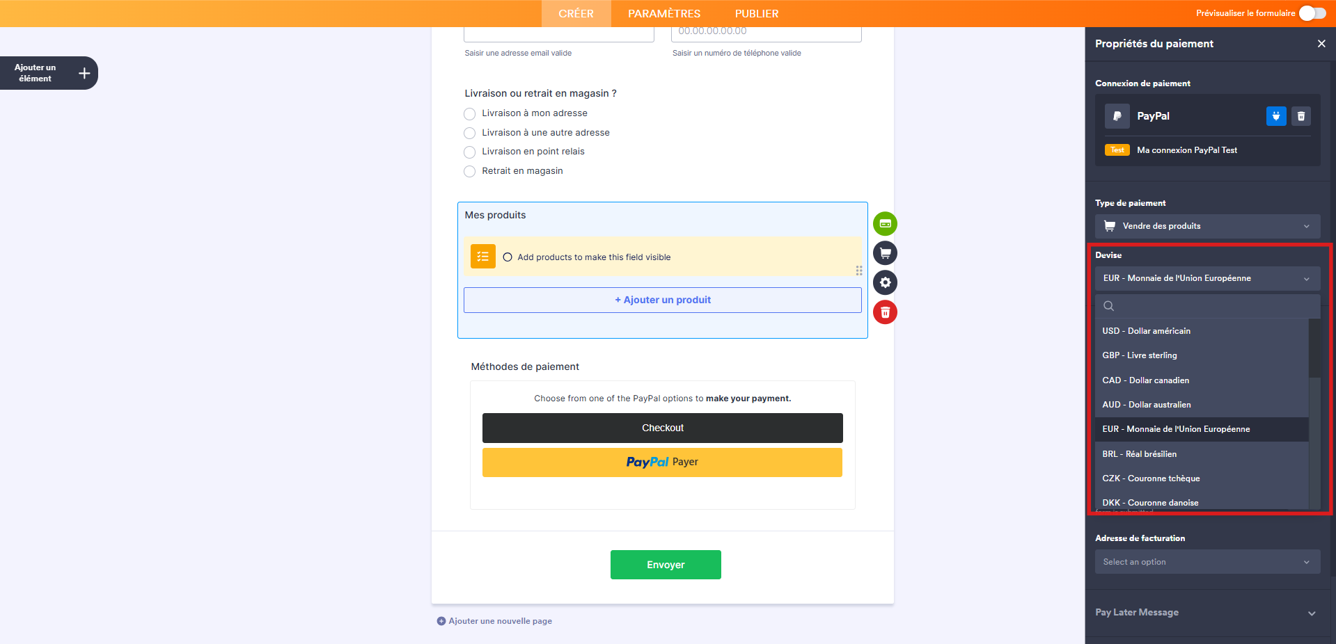 Capture d'écran du volet Propriétés du paiement de l'élément PayPal dans le Générateur de formulaires Jotform avec un encadré autour du menu des devises disponibles