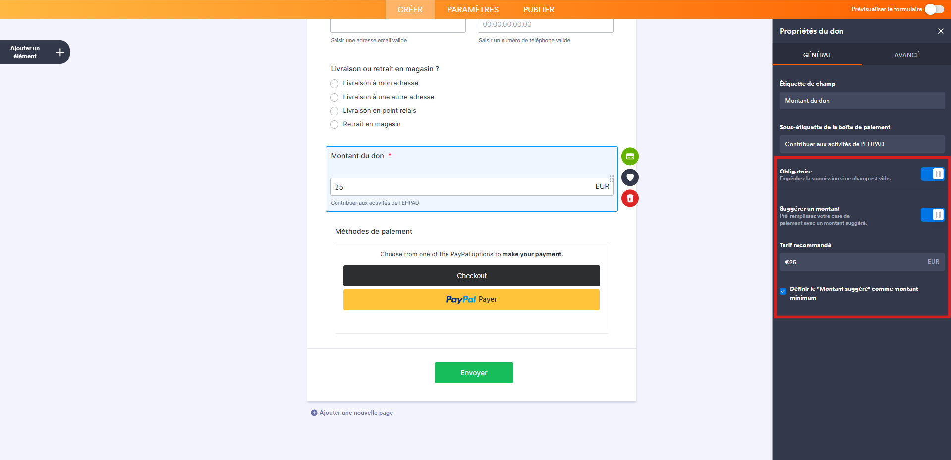 Capture d'écran de l'élément de paiement PayPal dans le Générateur de formulaires Jotform avec un encadré autour des paramètres configuré pour le type de paiement Recueillir des dons