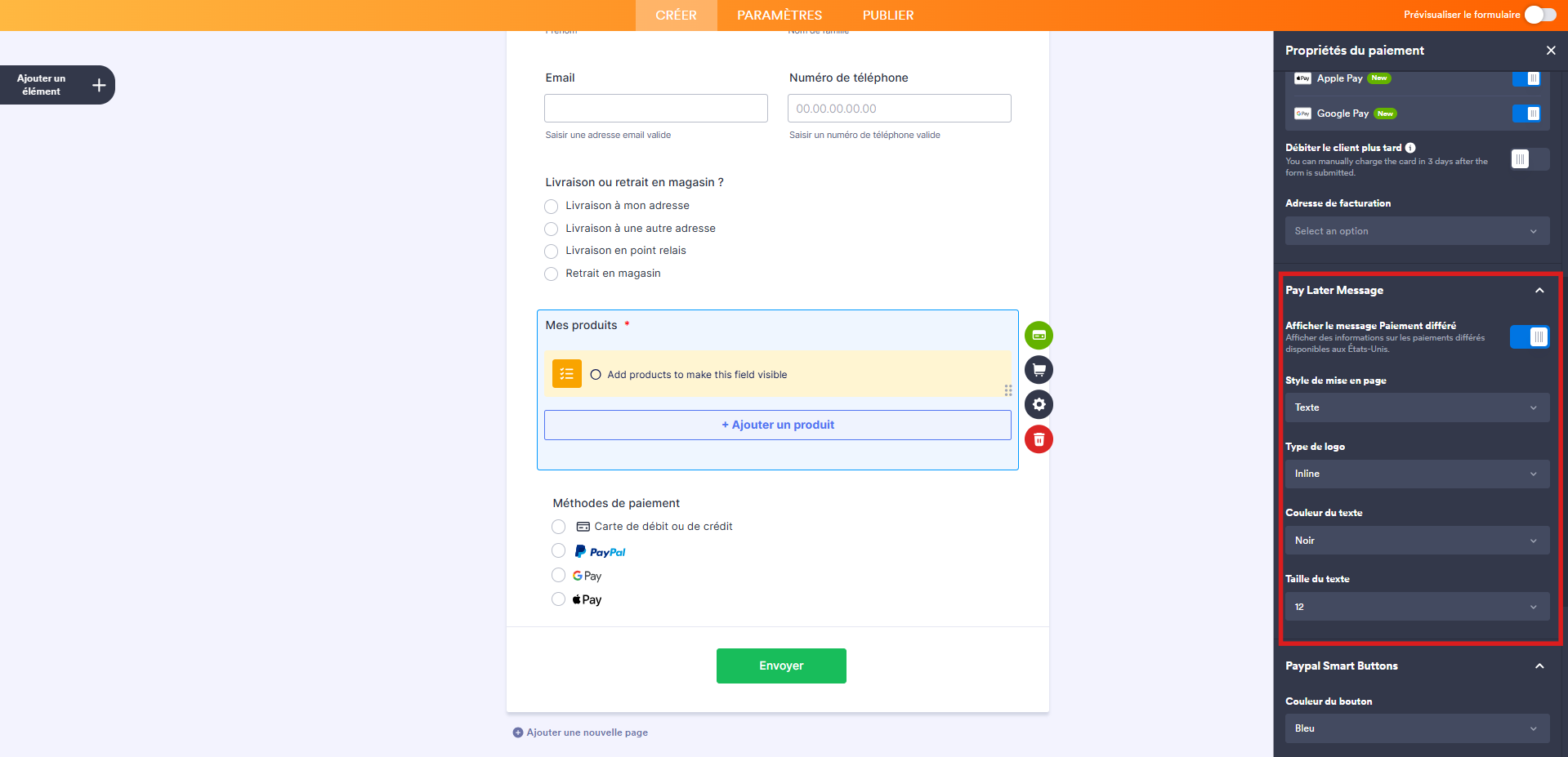 Capture d'écran de l'élément de paiement PayPal dans le Générateur de formulaires Jotform avec un encadré autour des paramètres de la section Message de paiement différé