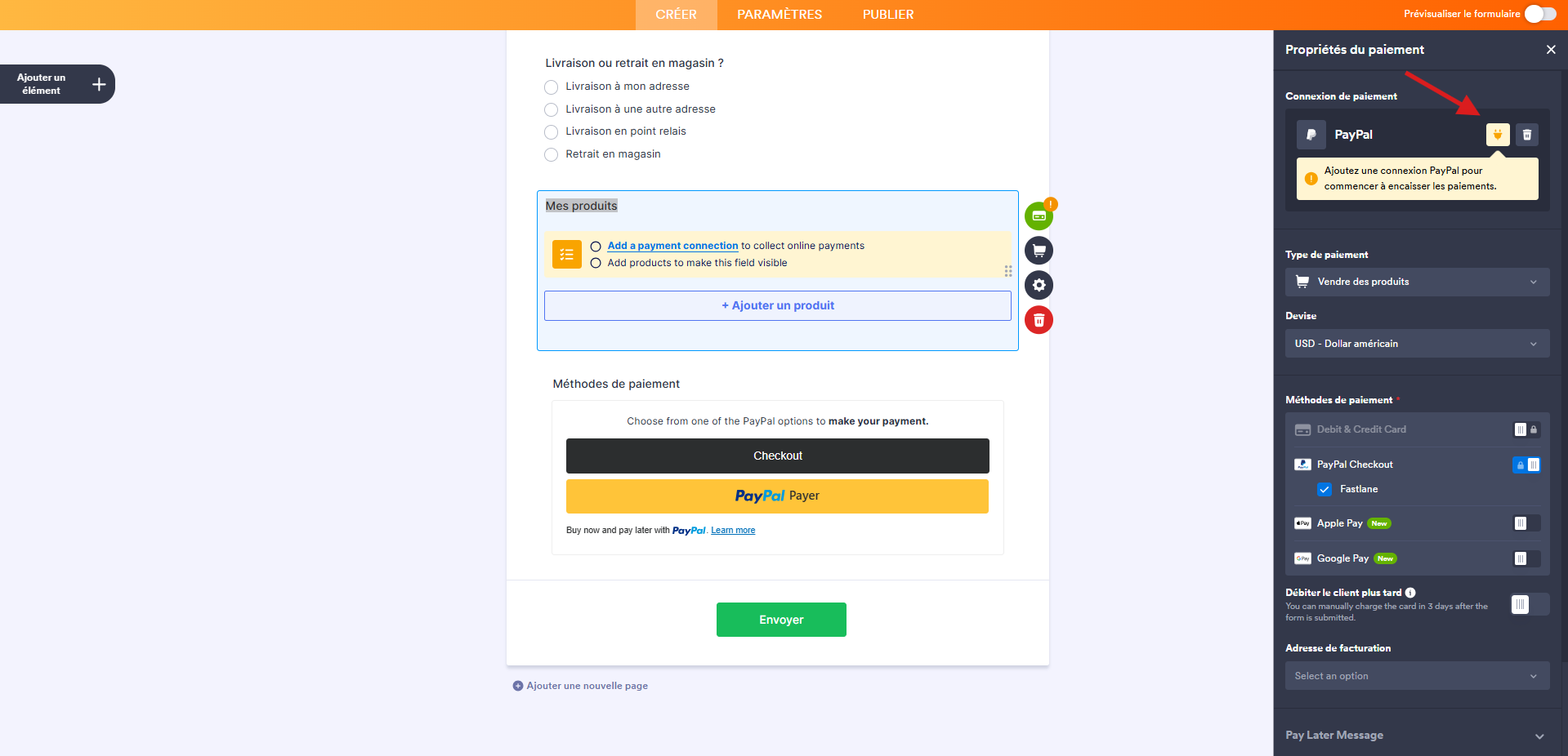 Capture d'écran de l'élément de paiement PayPal dans le Générateur de formulaires Jotform avec une flèche vers l'icône de prise de courant dans le volet Propriétés du paiement