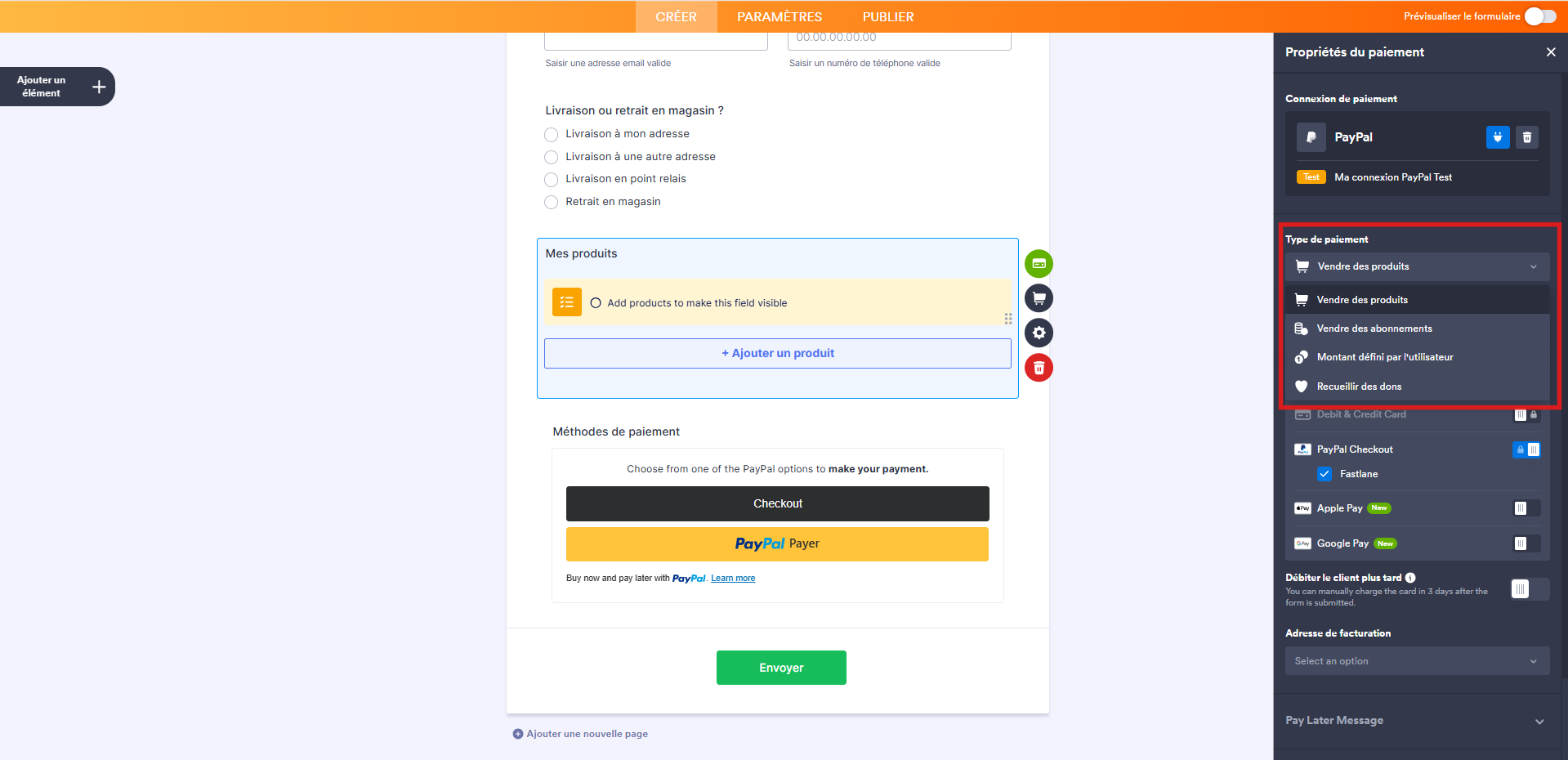 Capture d'écran du volet Propriétés du paiement dans le Générateur de formulaires Jotform avec un encadré autour de la section Type de paiement