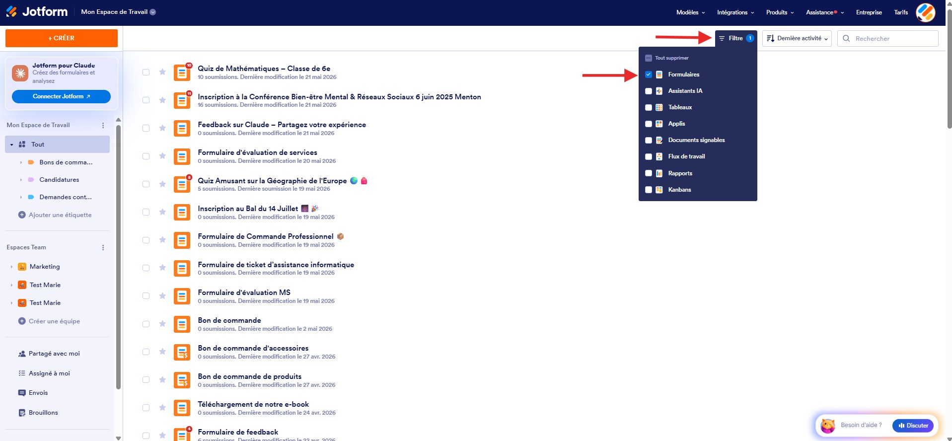 Capture d'écran de la page Mon Espace de Travail Jotform avec le menu Filtre ouvert et uniquement la case Formulaires cochées