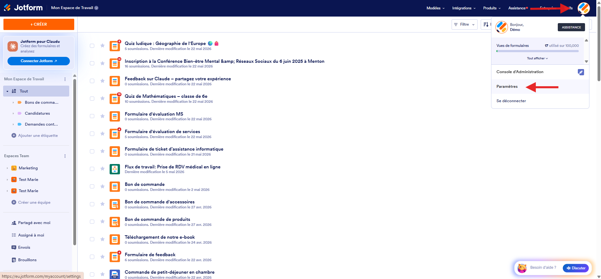 Capture d'écran de la page Mon Espace de Travail dans la plateforme Jotform avec une flèche vers l'avatar du compte et une autre vers l'option Paramètres