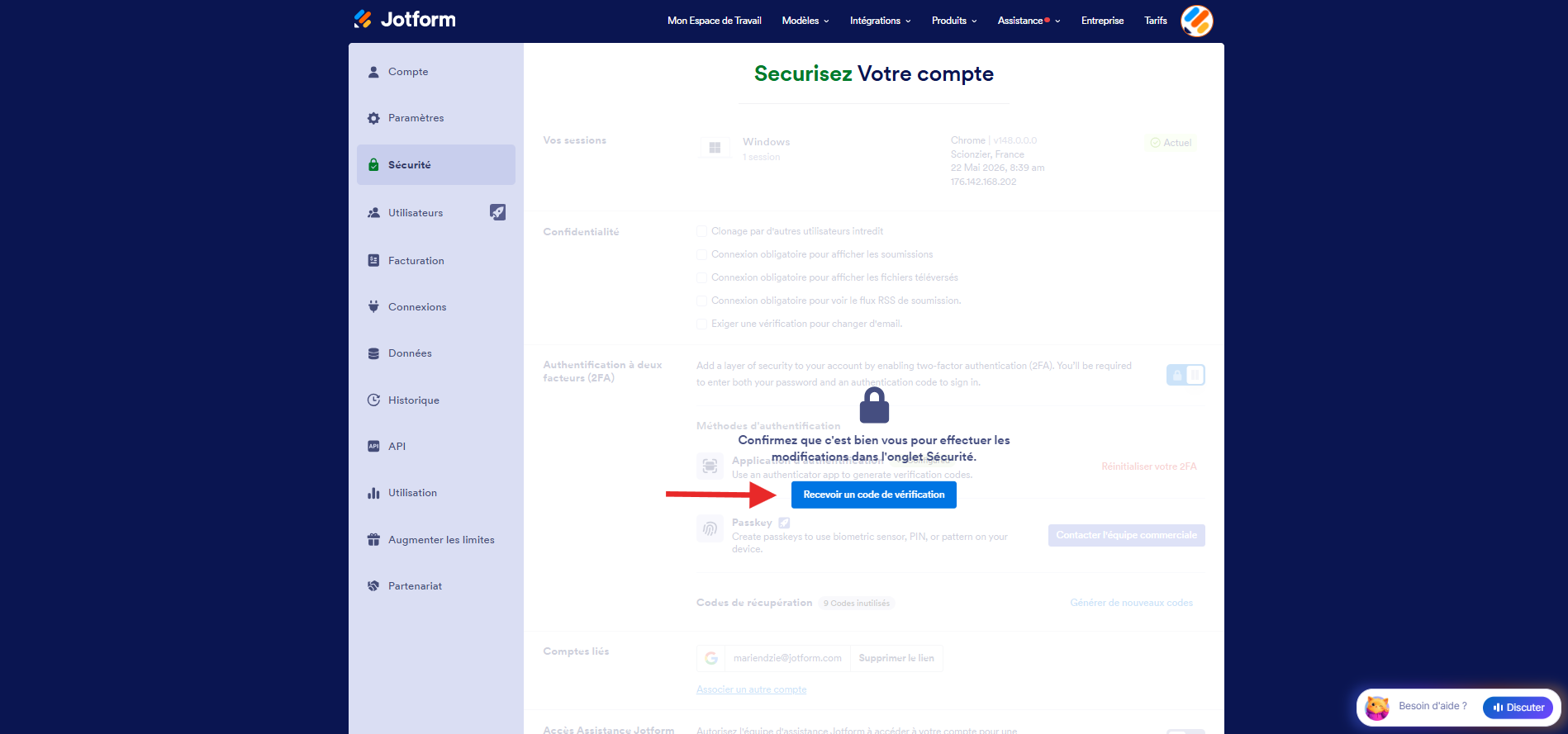 Capture d'écran de la page du compte Jotform avec une flèche vers le bouton Recevoir le code de vérification de l’onglet Sécurité