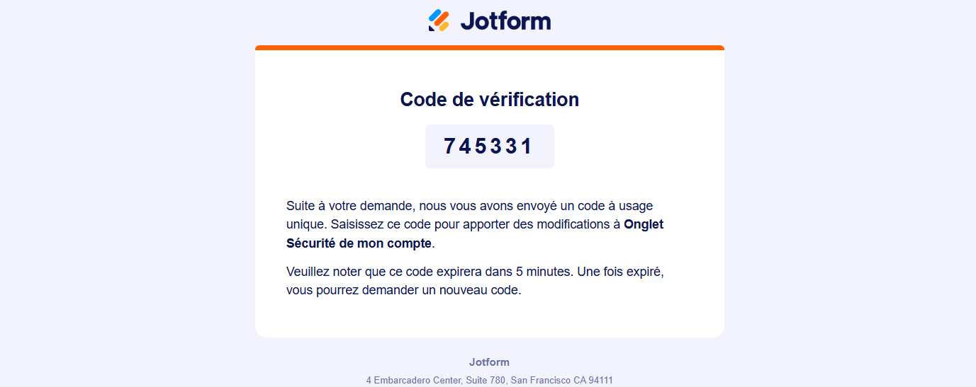 Capture d'écran de l'email reçu de Jotform contenant le code de vérification