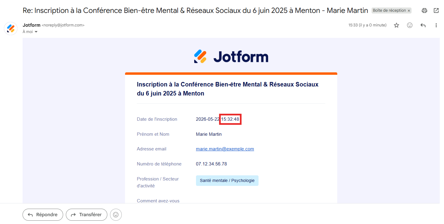 Capture d'écran de l'aperçu de l'email de notification envoyé par Jotform montrant le résultat après l'insertion de la balise {DATE}, la date actuelle s'affichant correctement dans le contenu de l'email avec l'horodatage encadré