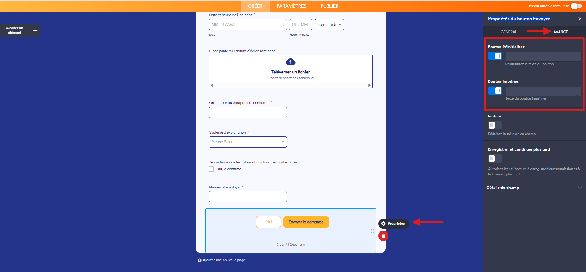 Capture d'écran du volet Propriétés du bouton Envoyer dans le Générateur de formulaires Jotform avec les Bouton Réinitialiser et Bouton Imprimer activés
