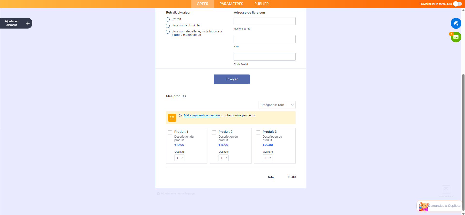 Capture d'écran d'un formulaire avec un élément de paiement dans le Générateur de formulaires Jotform sans les titres des catégories