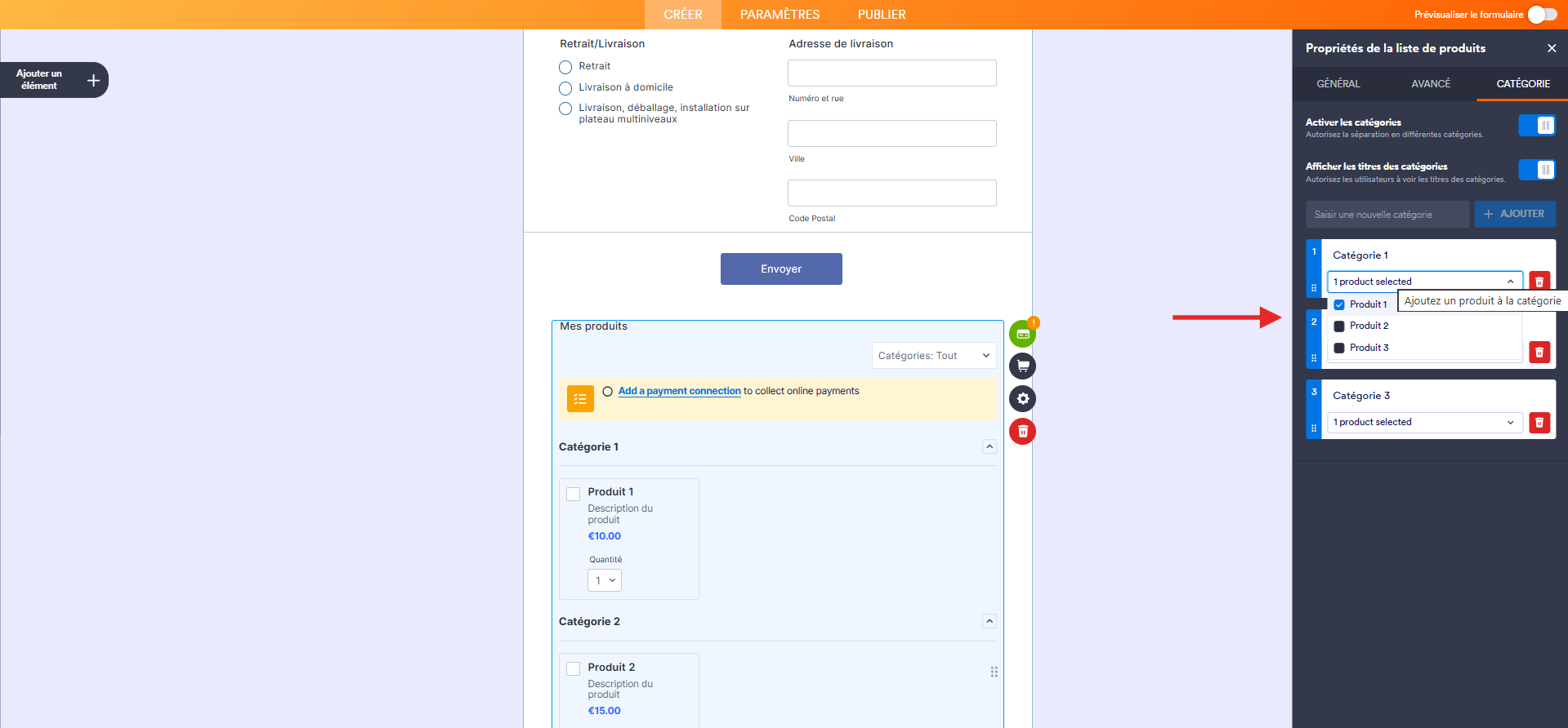 Capture d'écran d'un formulaire avec un élément de paiement dans le Générateur de formulaires Jotform avec le volet propriétés de la liste de produits ouvert avec l'onglet Catégorie et une flèche vers la catégorie 1 et les produits correspondants cochés