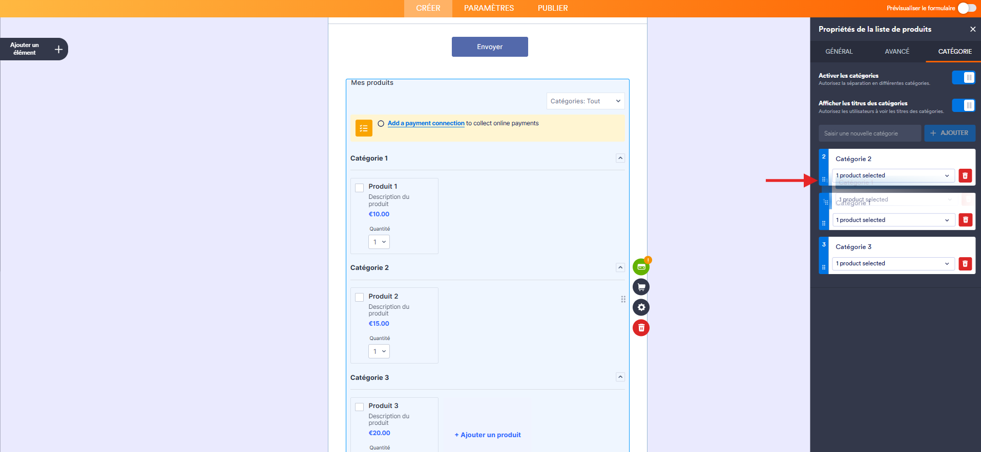 Capture d'écran d'un formulaire avec un élément de paiement dans le Générateur de formulaires Jotform avec l'onglet Catégorie du volet Propriétés de la liste de produits ouvert et une flèche vers le menu à trois point à gauche de la catégorie 1 pour la déplacer