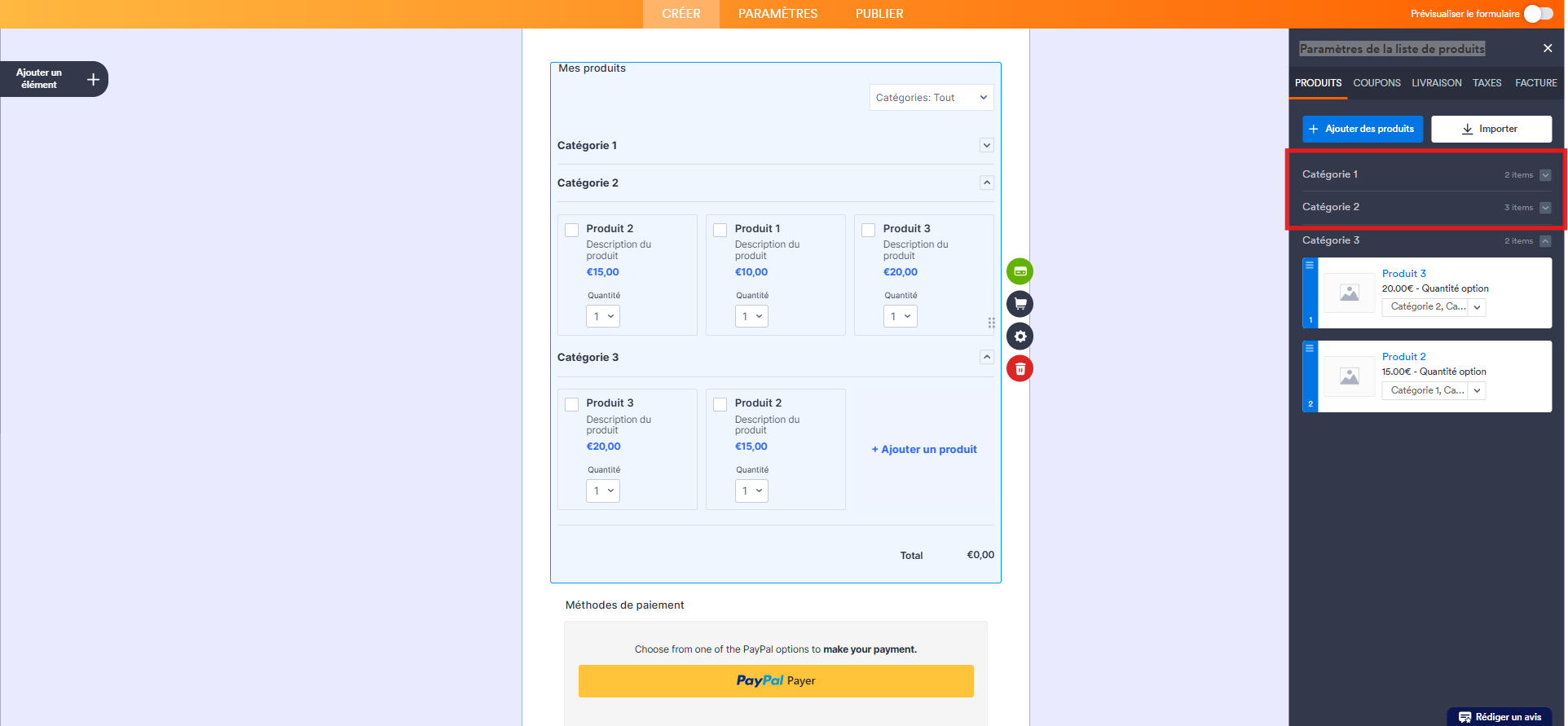 Capture d'écran de l'élément de paiement dans le Générateur de formulaires Jotform avec le volet Paramètres de la liste de produits et un encadré autour des catégories 1 et 2 qui ont été réduites