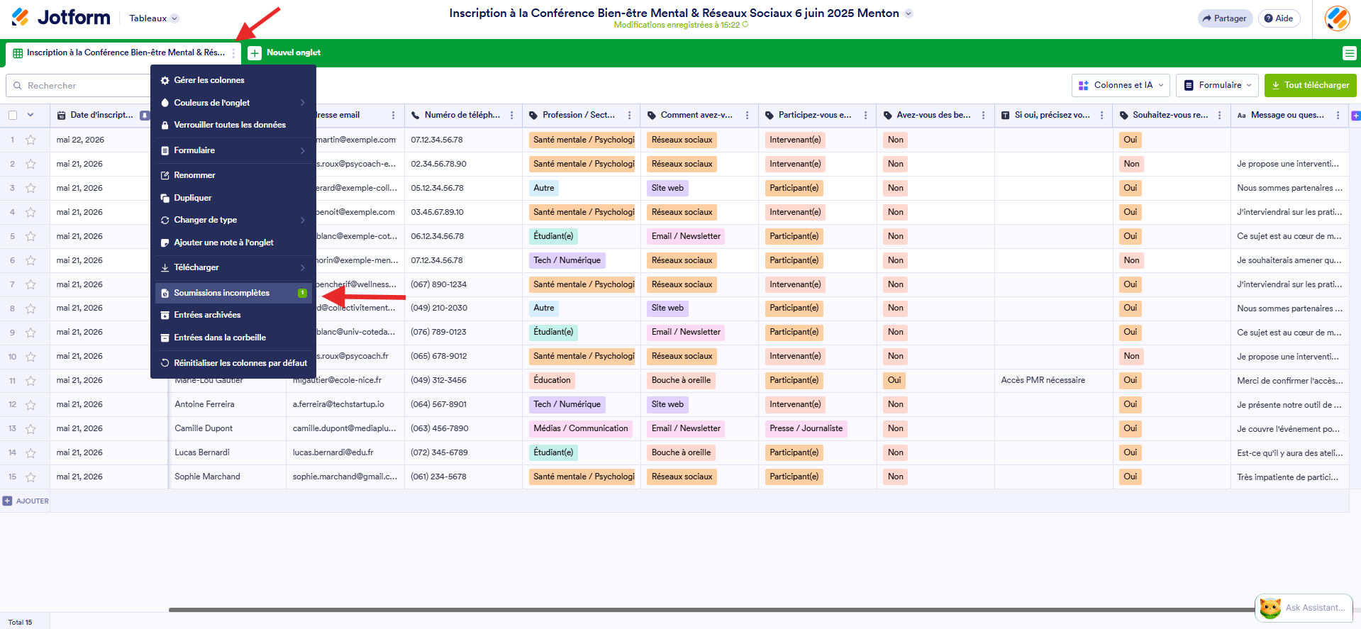 Capture d'écran des soumissions dans les Tableaux Jotform avec une flèche pointant vers le menu à trois points de l'onglet principal et une autre vers l'option « Soumissions incomplètes » dans le menu ouvert
