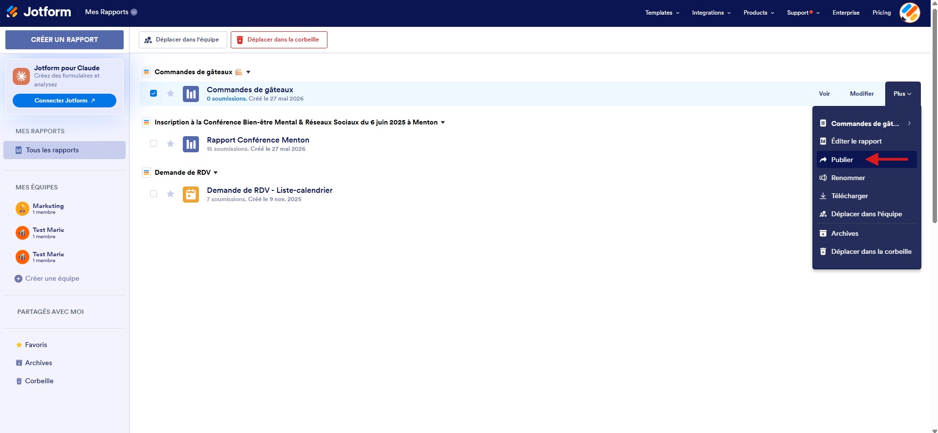 Capture d'écran de la page Mes Rapports dans Jotform avec un rapport sélectionné et une flèche vers le bouton Publier
