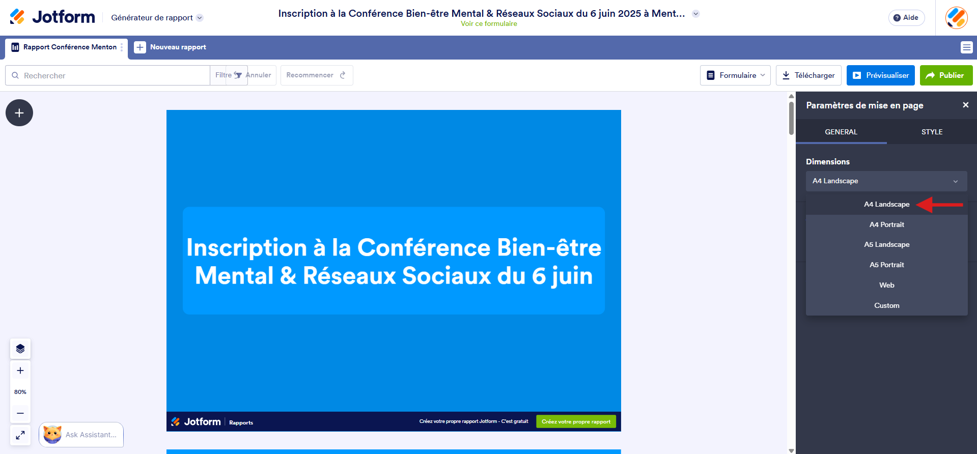 Capture d'écran d'un rapport dans le Générateur de rapports Jotform avec une flèche vers le format A4 dans le menu du champ Dimension