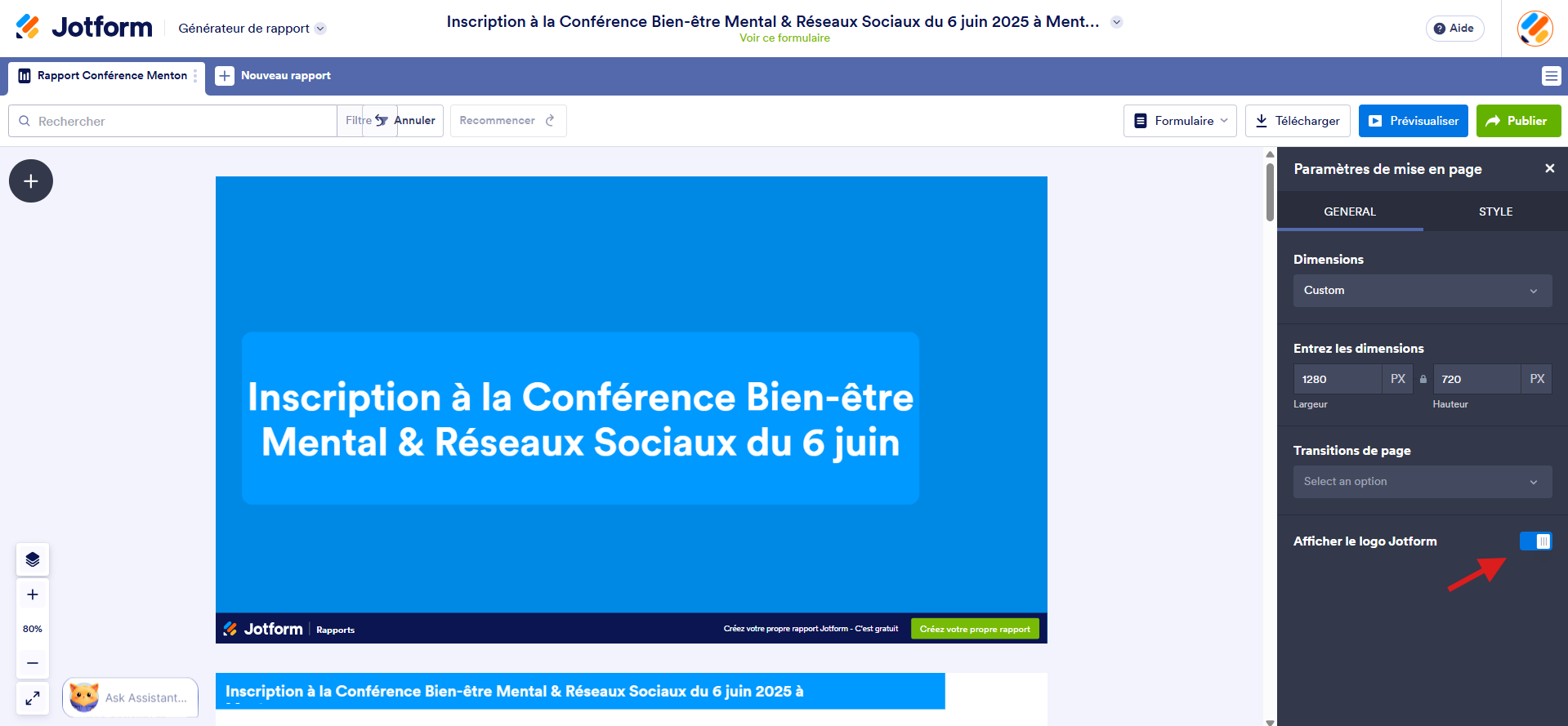 Capture d'écran d'un rapport dans le Générateur de rapports Jotform avec une flèche vers Afficher le logo Jotform
