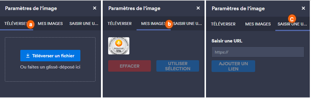 Capture d'écran des trois onglets du volet Paramètres de l'image côte à côte dans le Générateur de rapports Jotform avec « a » dans le volet Téléverser, un « b » dans le volet Mes Images et un « c » dans le volet Saisir l'URL