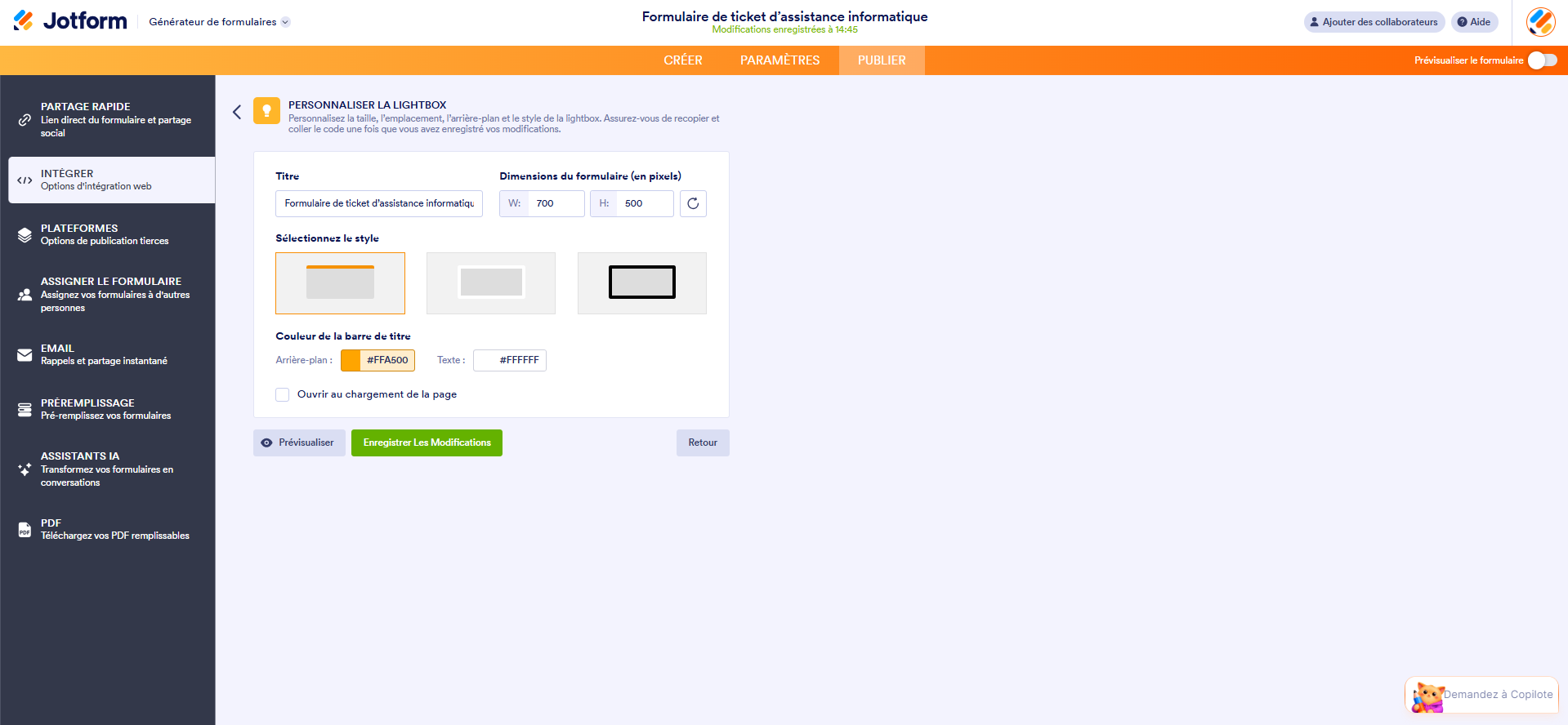 Capture d'écran de la page Personnaliser la LightBox dans le Générateur de formulaires Jotform