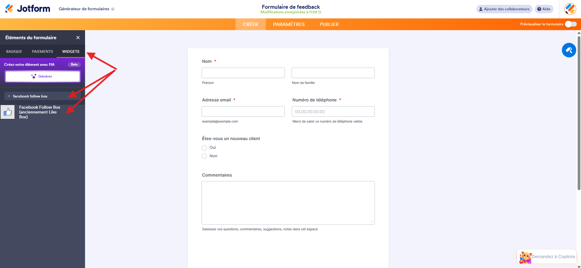 Capture d'écran d'un formulaire dans le Générateur de formulaires Jotform avec une flèche vers l'onglet Widget dans le volet Éléments du formulaire, une autre vers Facebook Follow Box dans la zone de recherche et une troisième vers le widget « Facebook Follow Box »