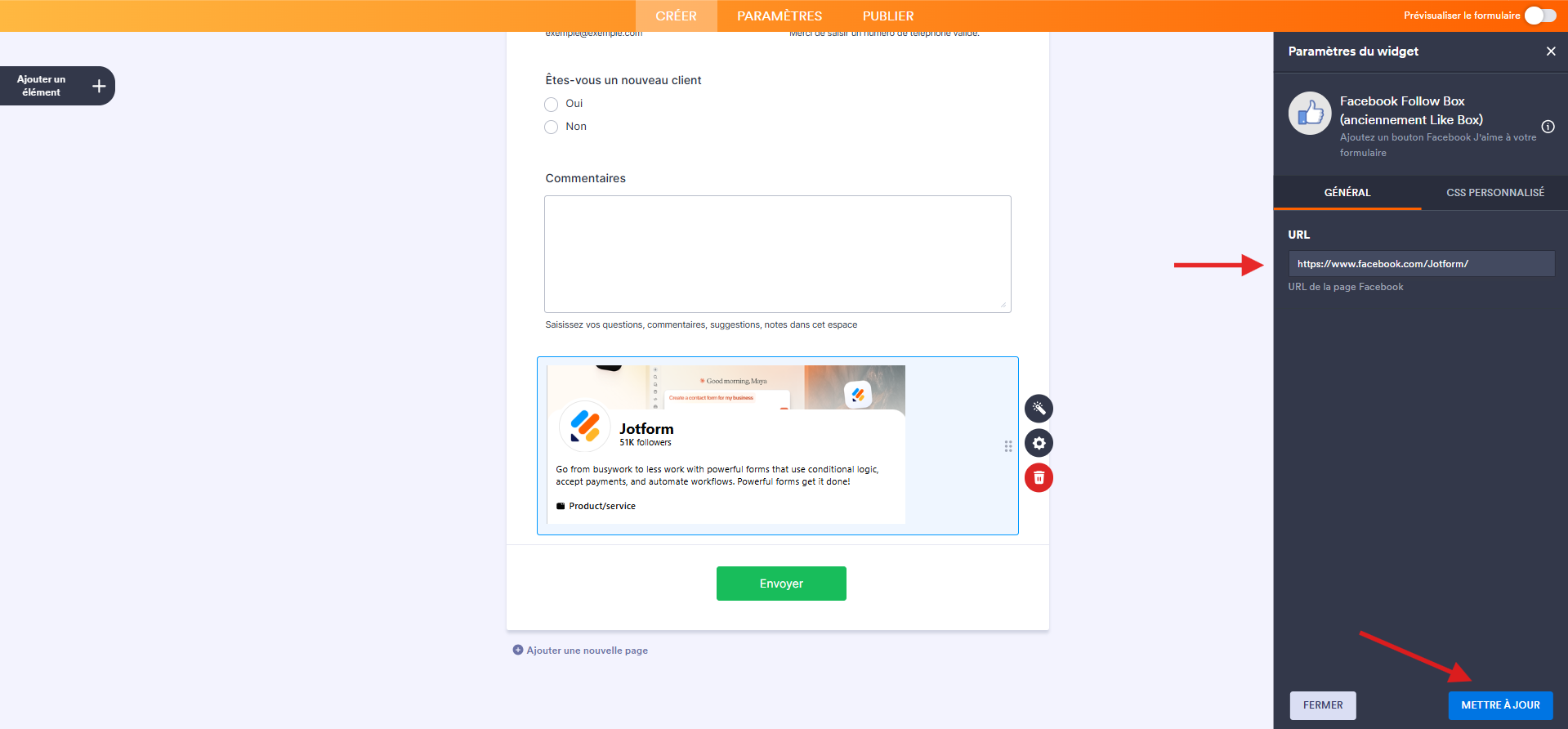 Capture d'écran d'un formulaire dans le Générateur de formulaires Jotform avec le widget Facebook Follow Box ajouté, une flèche vers la zone de saisie de l'URL et une autre vers le bouton Mettre à jour