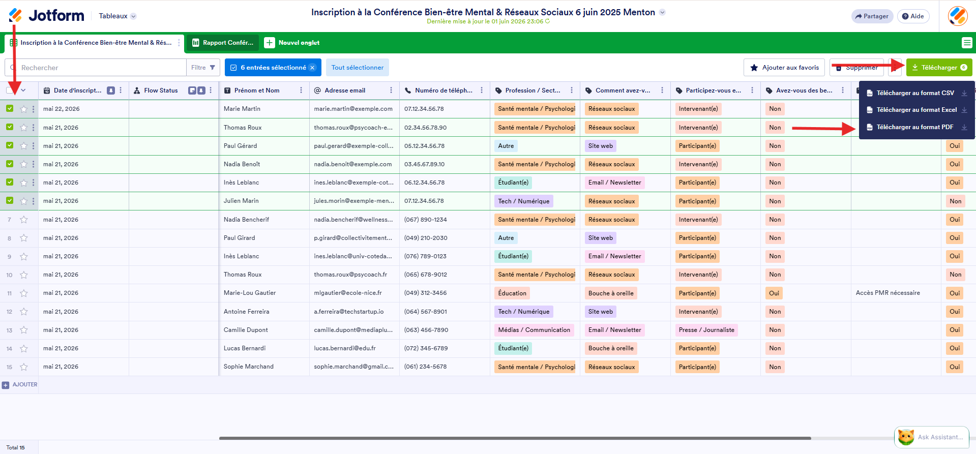 Capture d'écran des soumissions de formulaire dans un tableau Jotform avec une flèche vers les cases cochées des soumissions sélectionnées, une autre vers le bouton Télécharger et une troisième vers Télécharger au format PDF dans le menu