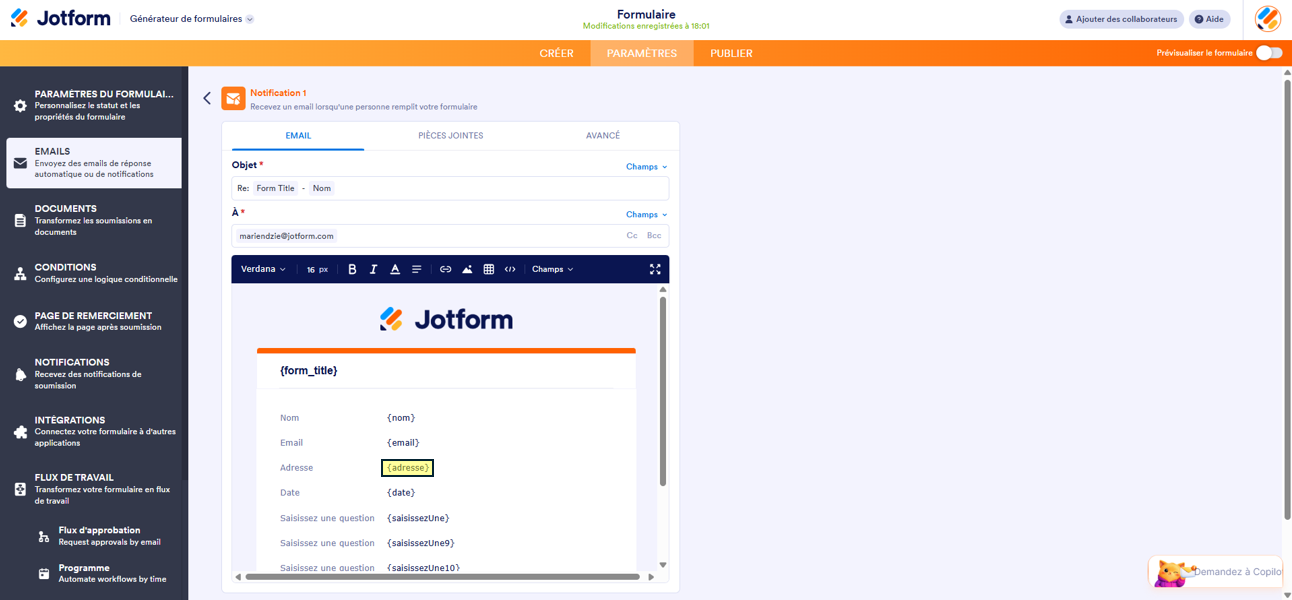 Capture d'écran d'un exemple de champ Adresse dans une notification par email dans Jotform