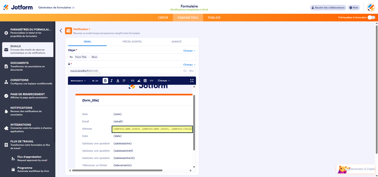 Capture d'écran d'un exemple de champ Adresse dans une notification par email avec des champs Adresse spécifiques dans Jotform