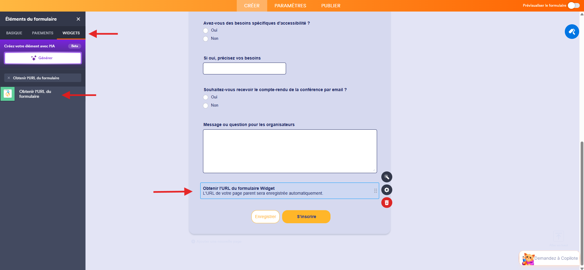 Capture d'écran d'un formulaire dans le Générateur de formulaires Jotform avec une flèche vers Widgets, une autre vers Obtenir l'URL du formulaire et une flèche vers l'élément dans le formulaire