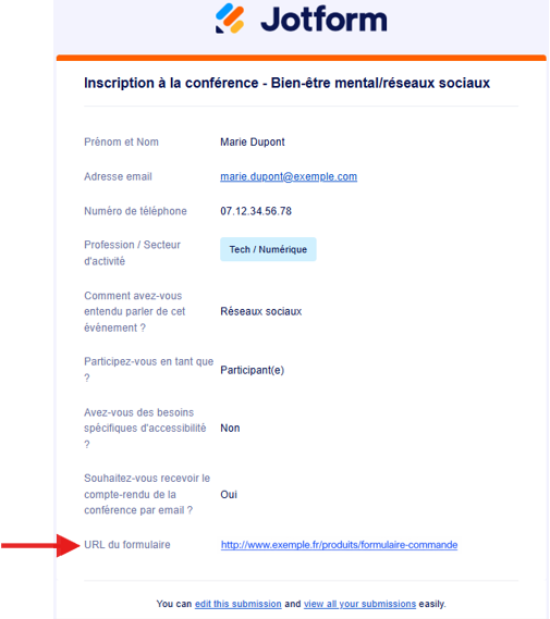 Capture d'écran d'un email de notification de formulaire avec une flèche pointant vers le champ URL de la page du formulaire qui affiche la page web depuis laquelle le formulaire a été soumis