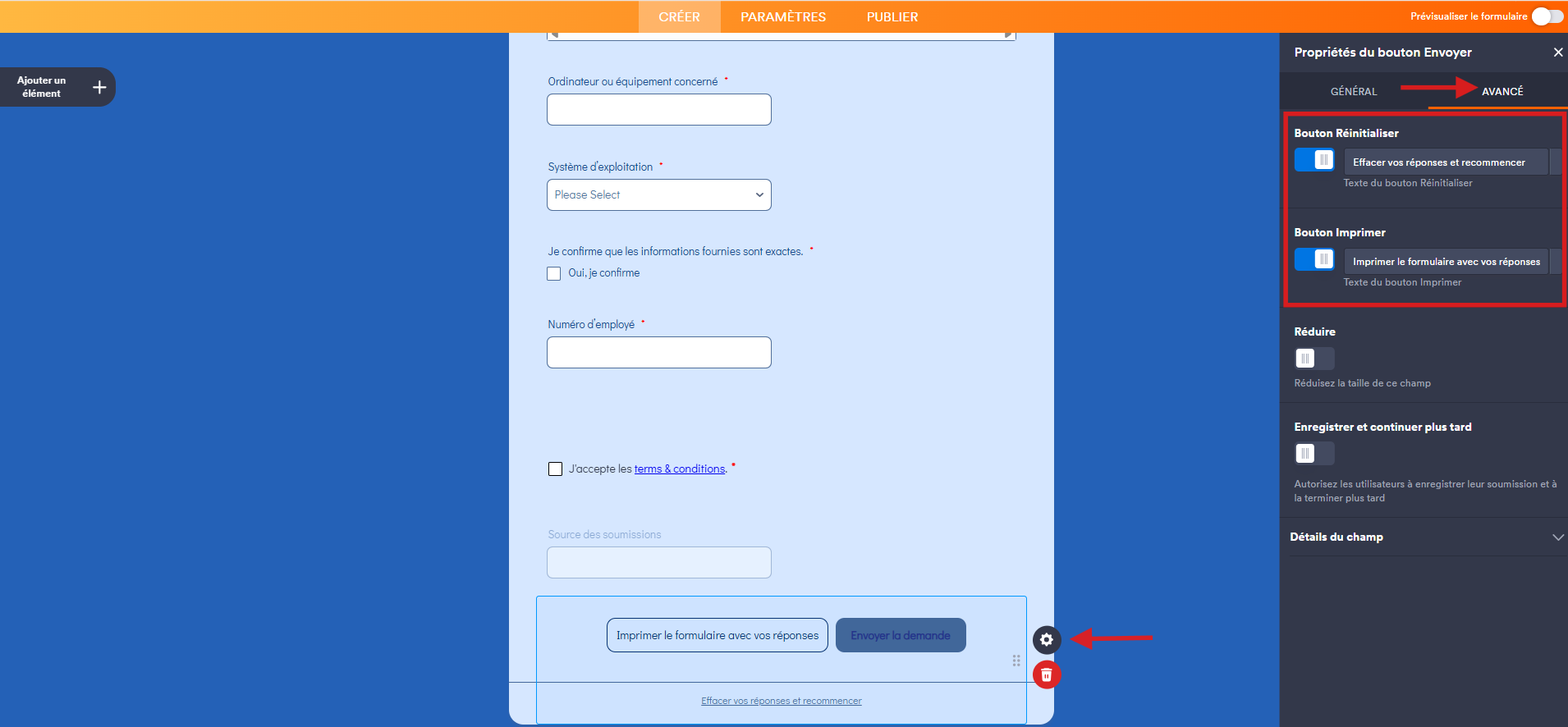 Capture d'écran du volet Propriétés du bouton Envoyer dans le Générateur de formulaires Jotform avec les Bouton Réinitialiser et Bouton Imprimer activés