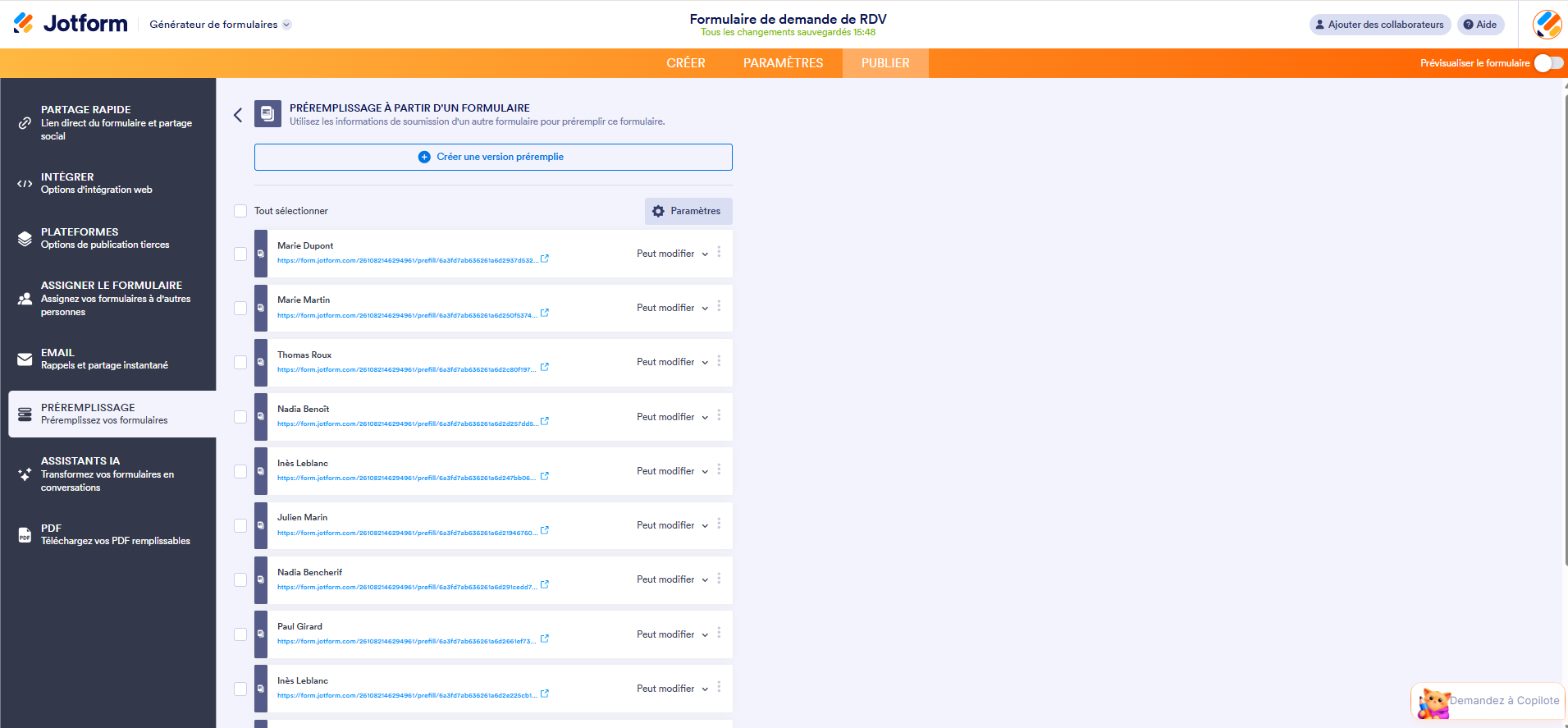 Capture d'écran avec la liste des URL du formulaire prérempli de la page Préremplissage à partir d'un formulaire dans le Générateur de formulaires Jotform