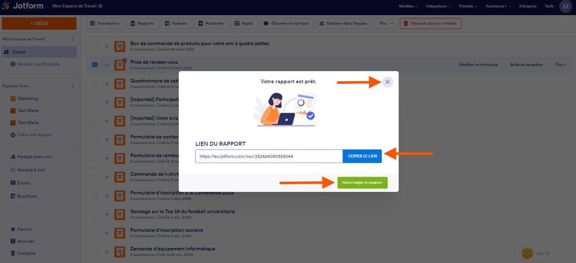 Capture d'écran de la fenêtre contextuelle indiquant que le rapport est prêt, avec une flèche pointant vers l'option Copier le lien, une autre vers le bouton Télécharger le rapport et une autre vers le X de fermeture de la fenêtre dans Jotform