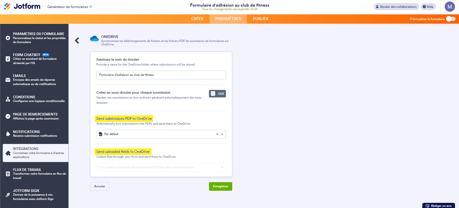 Capture d'écran de la configuration de l'intégration Onedrive avec les options Envoyer les soumissions au format PDF vers OneDrive et Envoyer ces champs de téléchargements de fichiers vers OneDrive surlignés en jaune dans le Générateur de formulaires Jotform