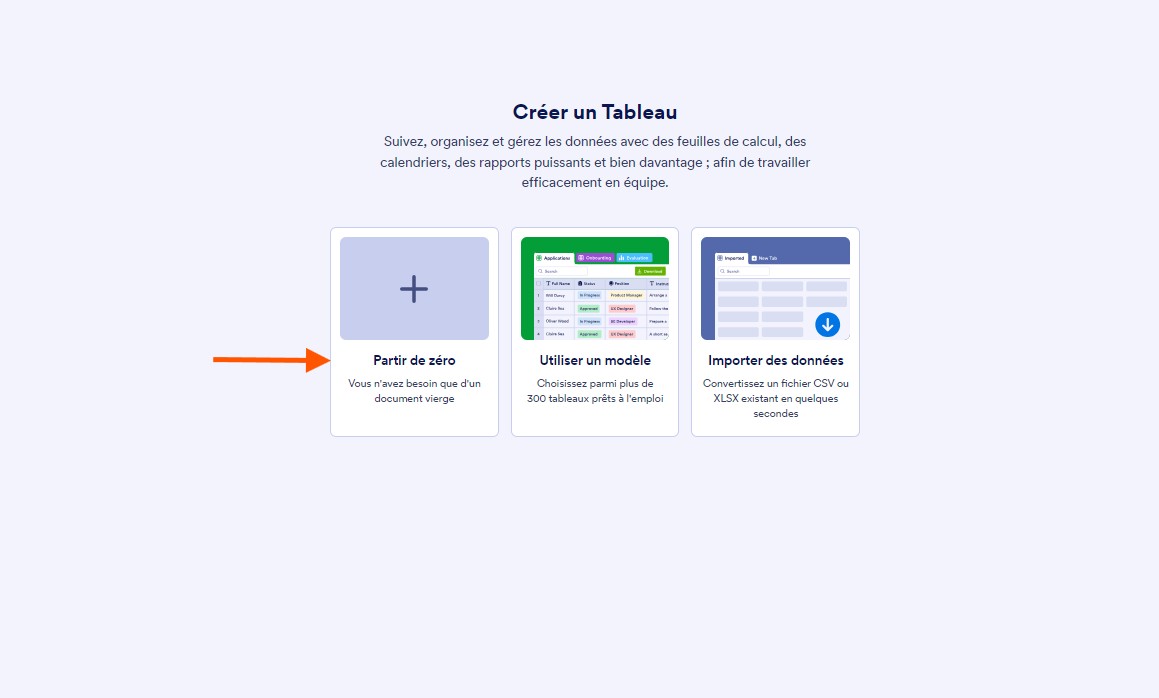 Capture d'écran montrant les options pour Créer un tableau avec une flèche pointant vers Partir de zéro dans les Tableaux Jotform