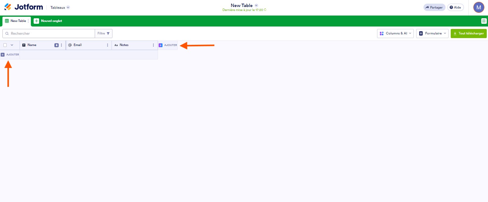 Capture d'écran d'un tableau vierge avec une flèche pointant vers le bouton Ajouter une ligne et le bouton Ajouter une colonne dans les Tableaux Jotform