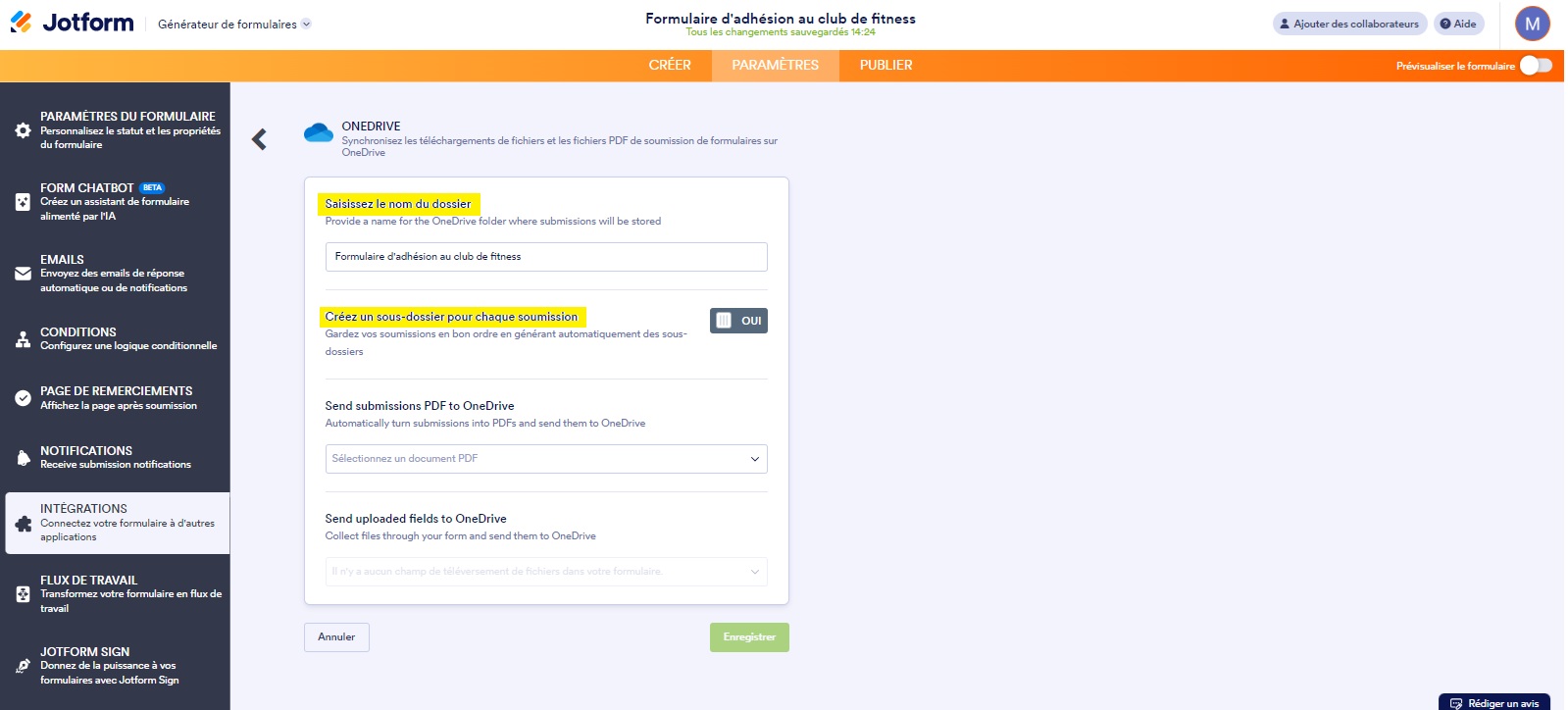 Capture d'écran des options de dossier et sous-dossier dans les paramètres d'intégration OneDrive de Jotform dans le Générateur de formulaires Jotform avec Saisissez le nom du dossier et Créez un sous-dossier pour chaque soumission surlignés en jaune