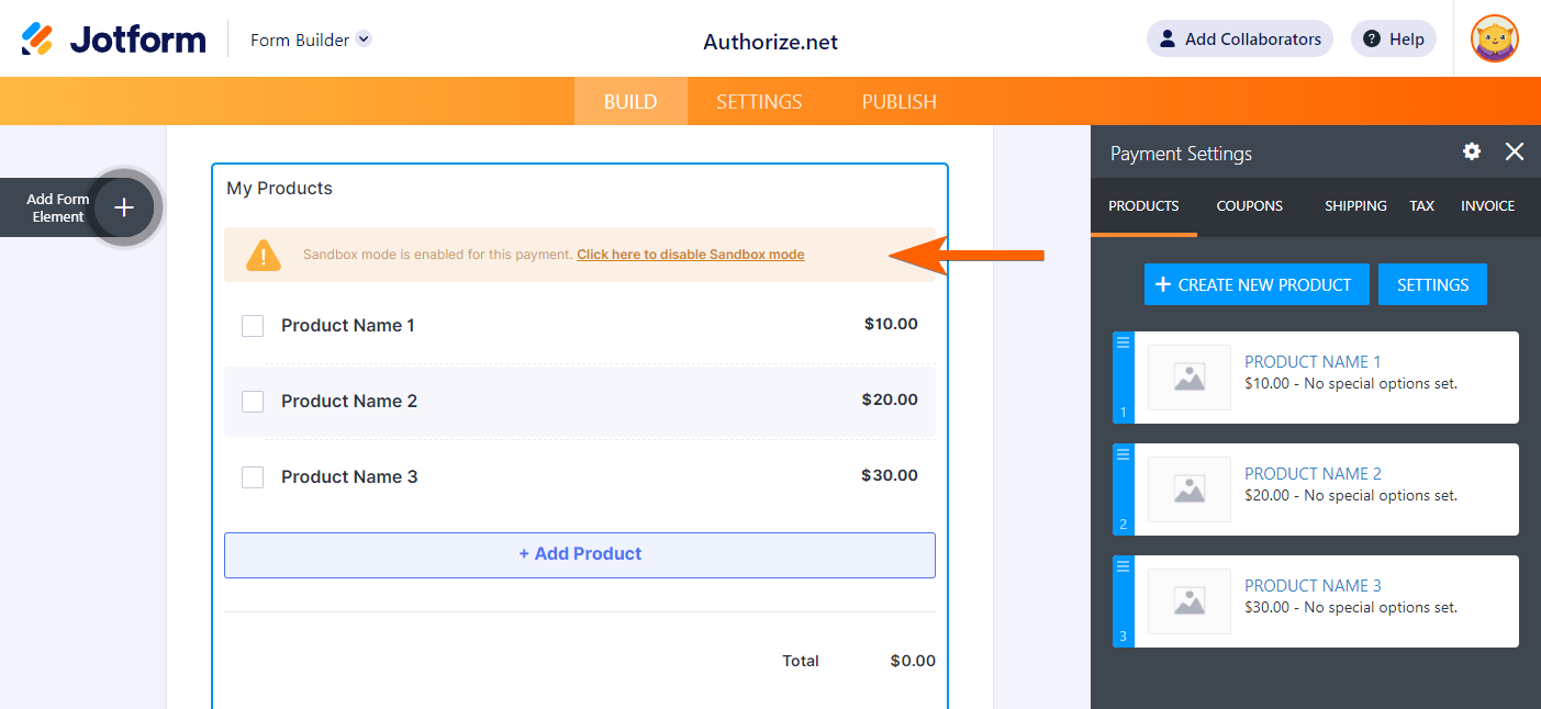 Capture d'écran de la notice Sandbox de Authorize