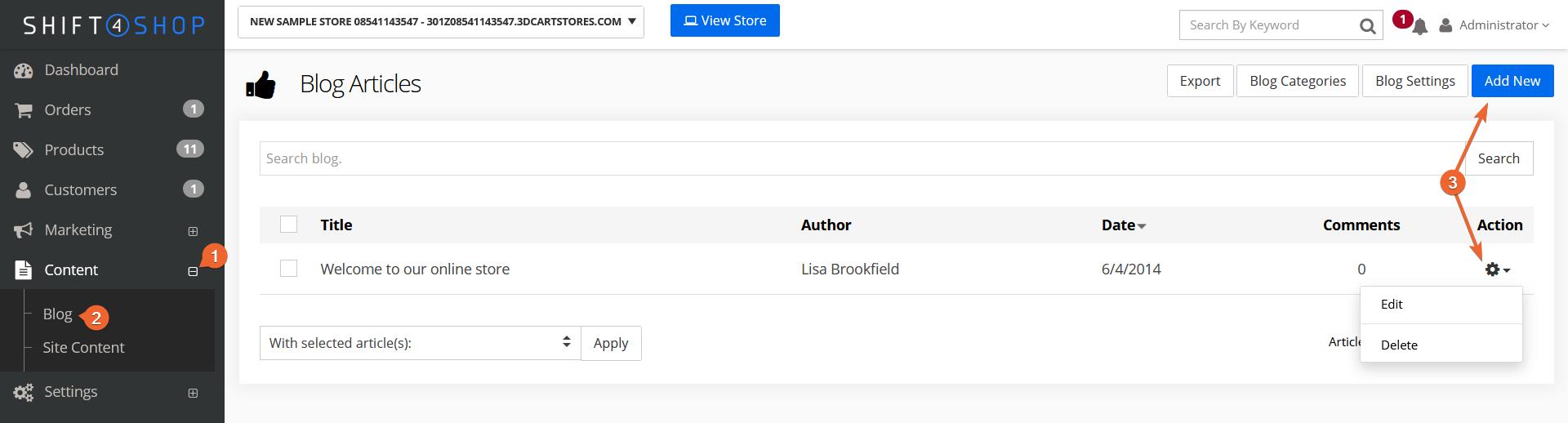 Capture d'écran de la page Articles du blog du tableau de bord Shift4Shop avec une flèche pointant vers le bouton Ajouter pour ajouter un nouvel article (ou modifier un article existant)