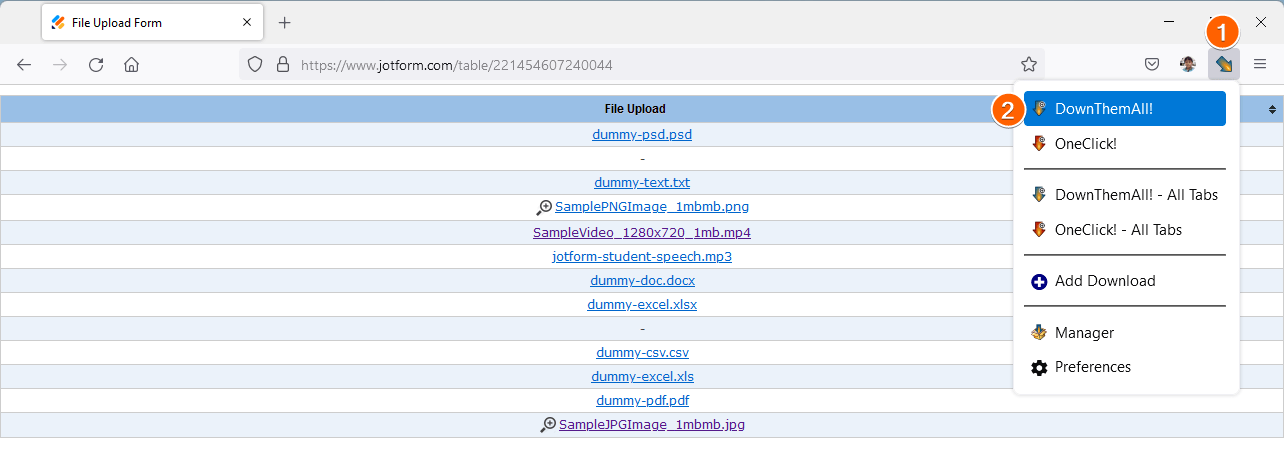 Capture d'écran d'un rapport de liste avec un chiffre 1 sur l'icône DownloadThemAll! dans la barre d'outils du navigateur et le chiffre 2 sur DownThemmAll! dans le menu qui s'affiche