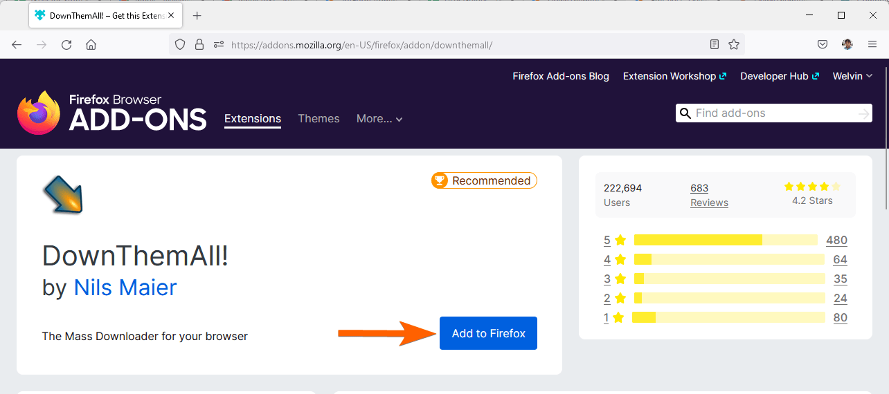 Capture d'écran de l'extension DownThemAll! dans le navigateur Firefox avec une flèche pointant vers le bouton Ajouter à Firefox