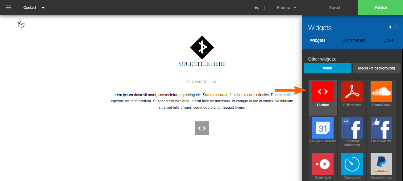 Capture d'écran de la page IM Creator avec une flèche pointant vers l'option personnalisée dans les widgets