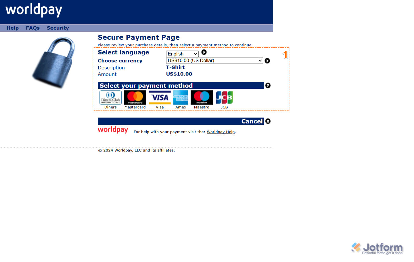 Page de paiement Worldpay UK affichant les options permettant de sélectionner la langue, la devise et le mode de paiement préféré après avoir soumis un formulaire dans Jotform