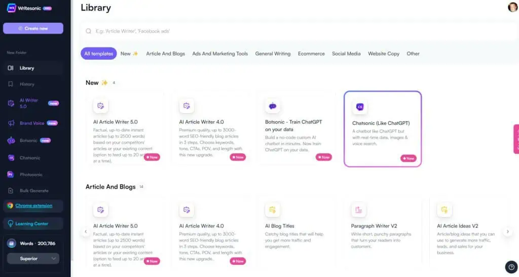 Writesonic User Interface