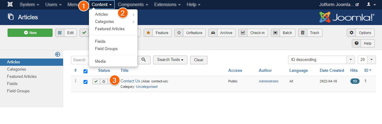 Capture d'écran de la page Articles dans le panneau de contrôle Joomla avec le chiffre 1 sur le bouton Contenu, le chiffre 2 sur le menu qui s'est ouvert et le chiffre 3 sur la ligne d'article sélectionnée